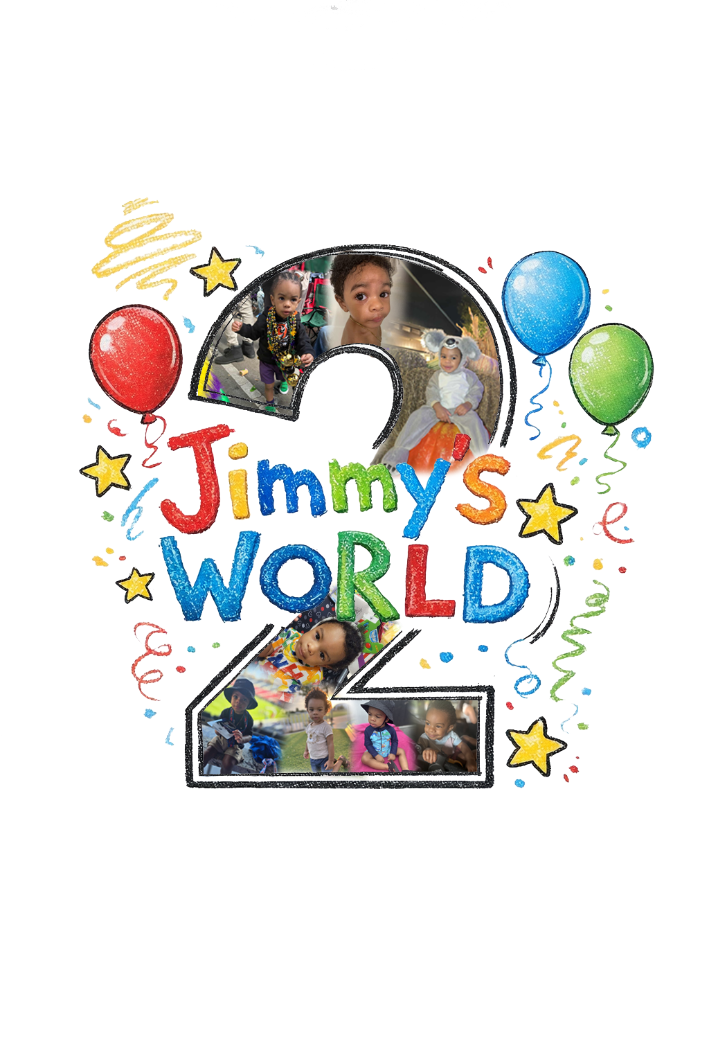 Jimmy's World — custom hand-illustrated birthday design with photo inserts