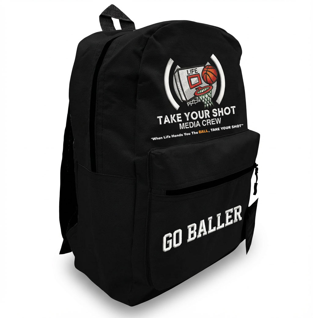 Take Your Shot Media Crew — custom Go Baller branded backpack