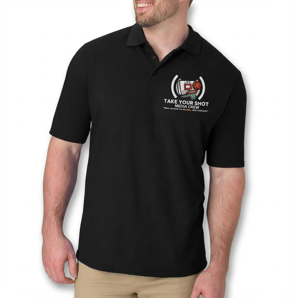 Take Your Shot Media Crew — custom embroidered polo
