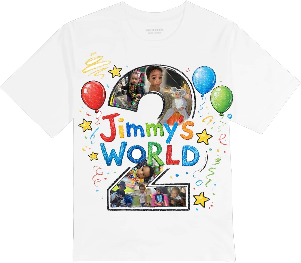 Birthday tee example — Jimmy's World custom birthday design